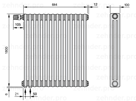 Схема (чертеж) Радиатор Zehnder Charleston 3180/14 №V001 Белый глянцевый RAL 9016